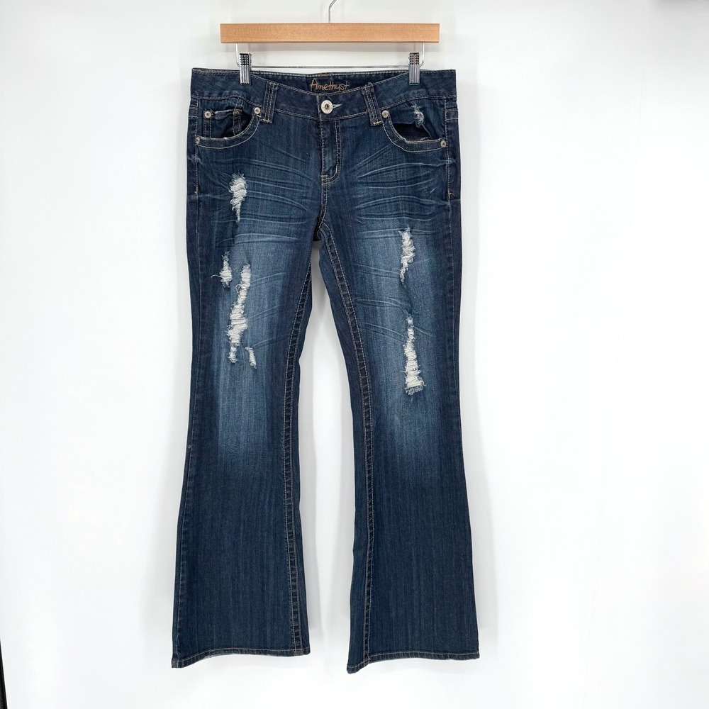 Y2K Amethyst Dark Wash Distressed Embroidered Flap Pocket‎ Bootcut Jeans Womens